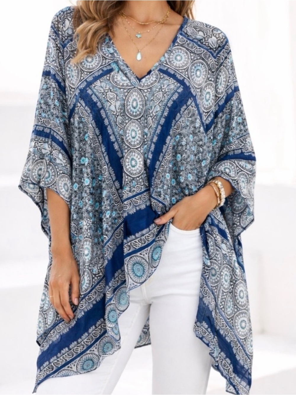 J. Jill Blue Print Summer Poncho NWOT … One Size But for PLUS sizes
